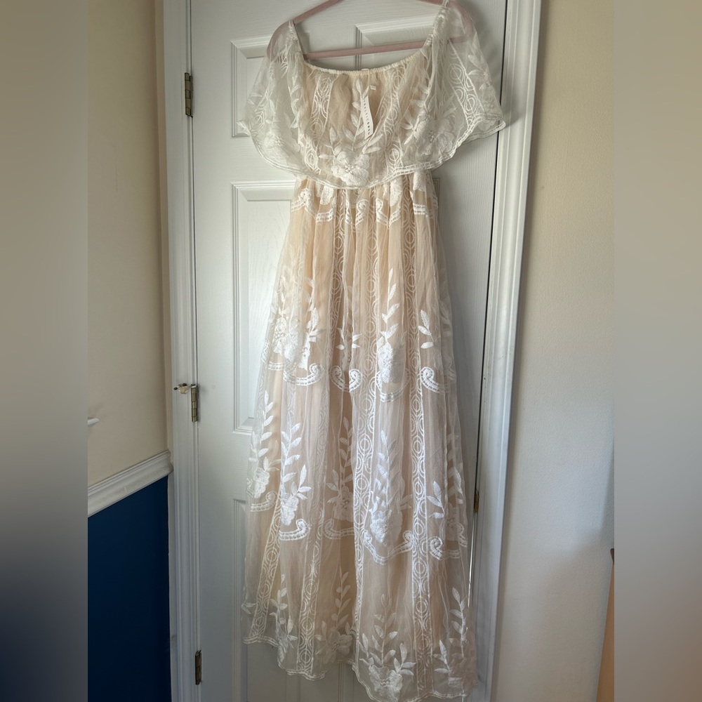 Baltic Born Cream Lace Maxi Dress with White Embroidery